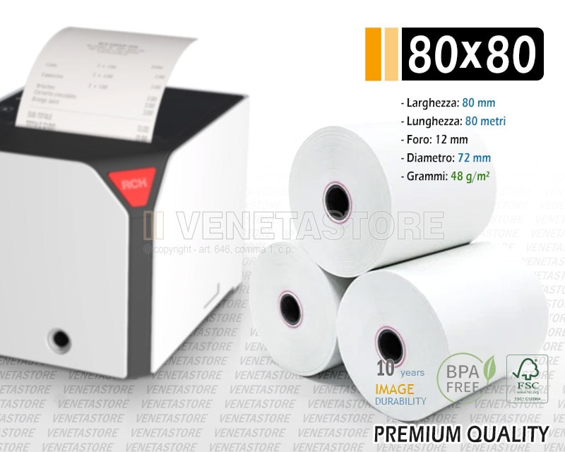 SWIPARO - Rotoli termici 80mm x 80m x 12mm per registratore di cassa fiscale  - Rotolo di carta termica per stampante 80x80x12 (5 pezzi) : :  Cancelleria e prodotti per ufficio